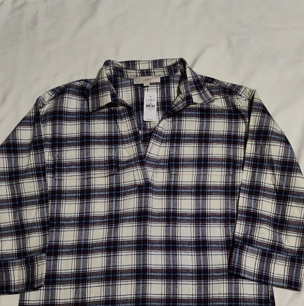 LOFT Navy and White Plaid Casual Top